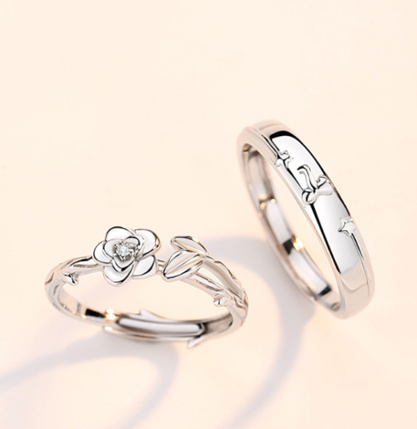 Pure Silver Little Prince and Rose Couple Ring