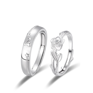 Pure Silver Little Prince and Rose Couple Ring