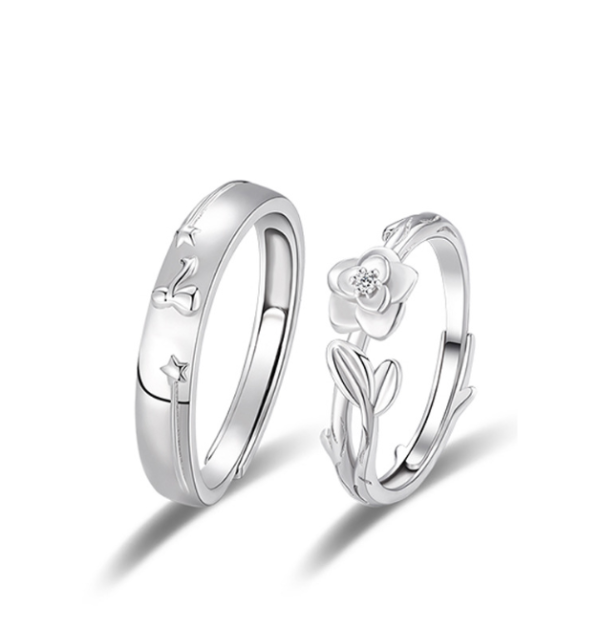 Pure Silver Little Prince and Rose Couple Ring